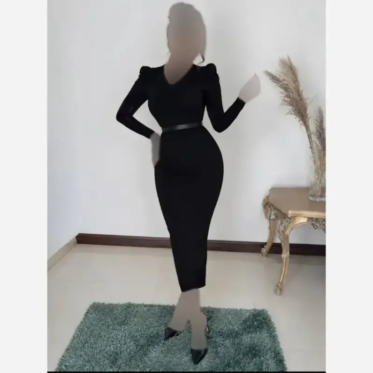 پیراهن سرشانه چیندار آستین بلند سالومه فانریپ کبریتی مشکی فری سایز
