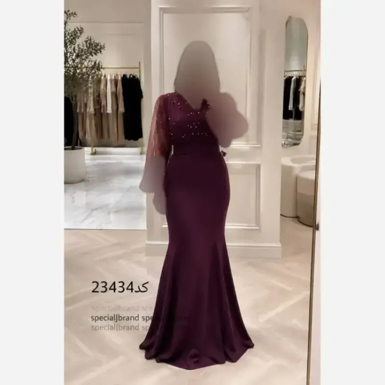 ماکسی مجلسی زنانه ستاره کرپ کش و تور مروارید دوزی شده کمربند دار