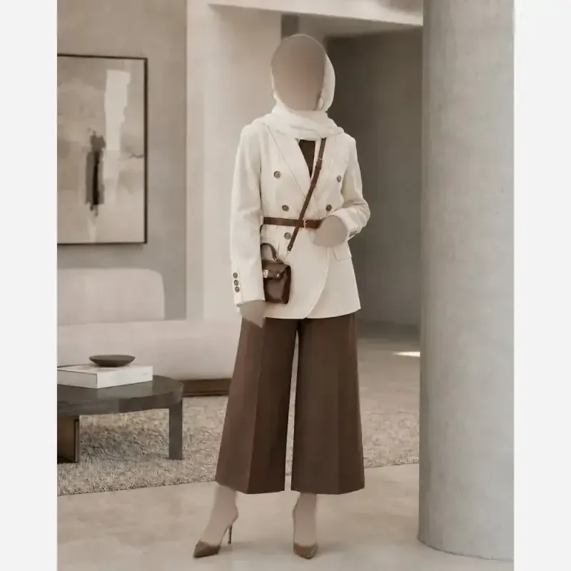 کت و شلوار زنانه کرپ مازراتی رنگ قهوه ای مدل مارال