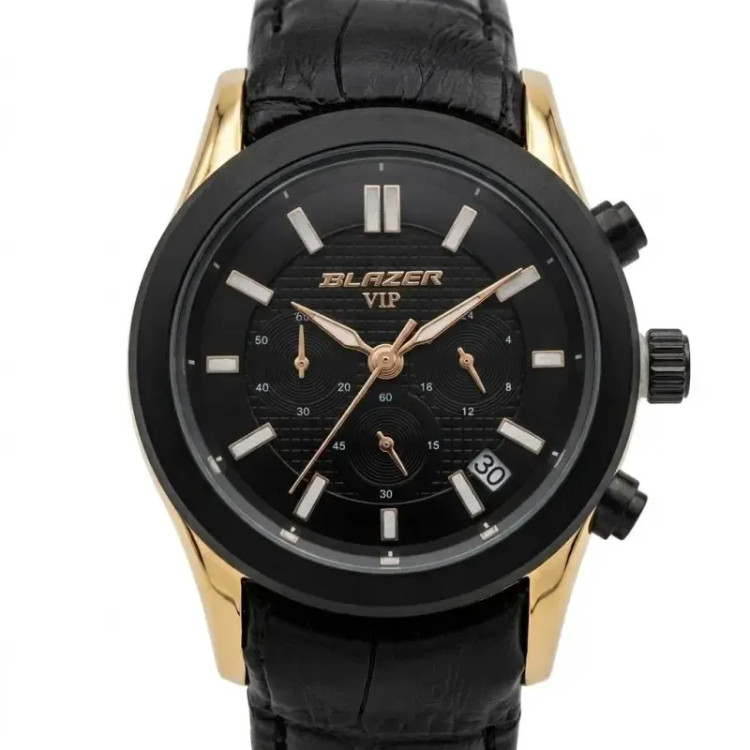 ساعت مچی زنانه بلیزر چرمی مشکی طلایی طرح سه موتور تقویم دار