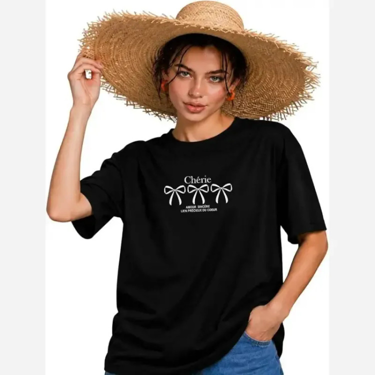 تیشرت چاپی طرح پاپیون سوپر پنبه اعلا لانگ فری سایز زنانه